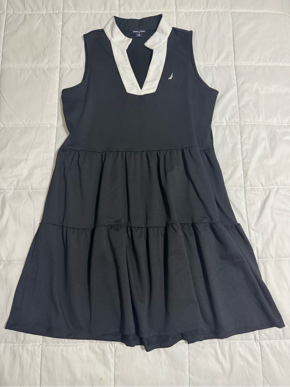 Nautica Black Sleeveless Tiered Dress with White V-Collar